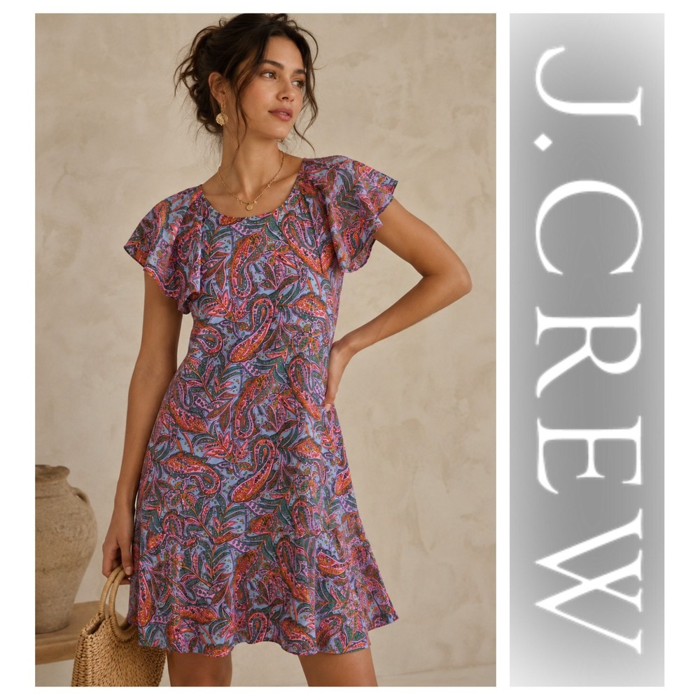 J. Crew 100% Silk Multicolor Paisley Flutter Sleeve Mini Dress Size 2